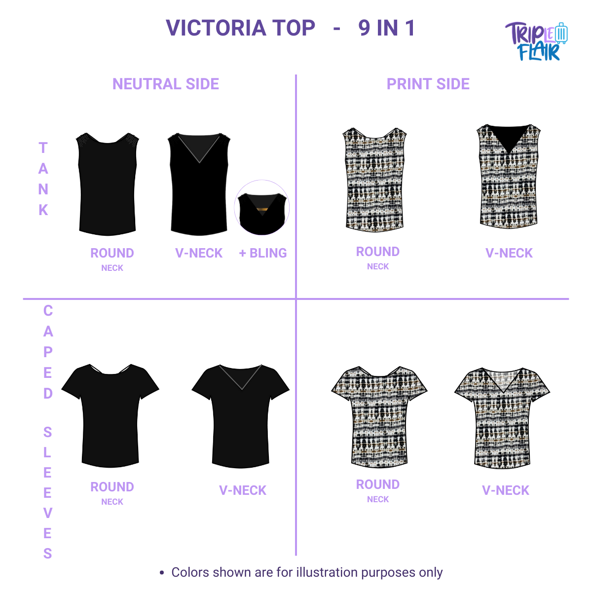 VICTORIA Top: 9 in 1. Brown/Blue print