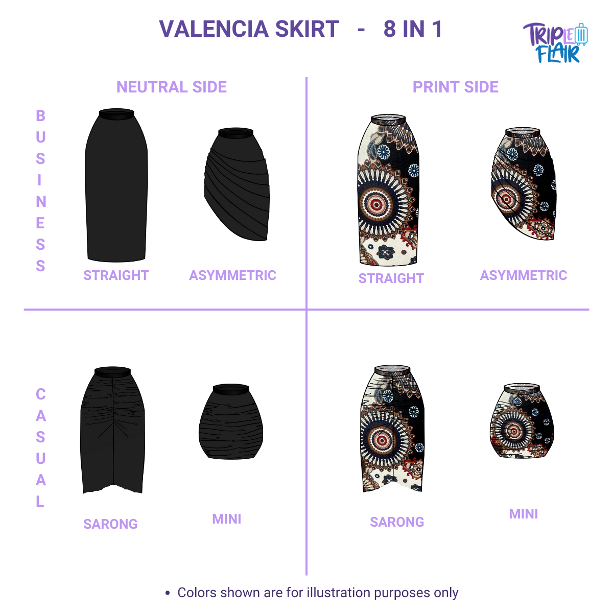 VALENCIA Skirt 8 in 1. Black/Wine Print