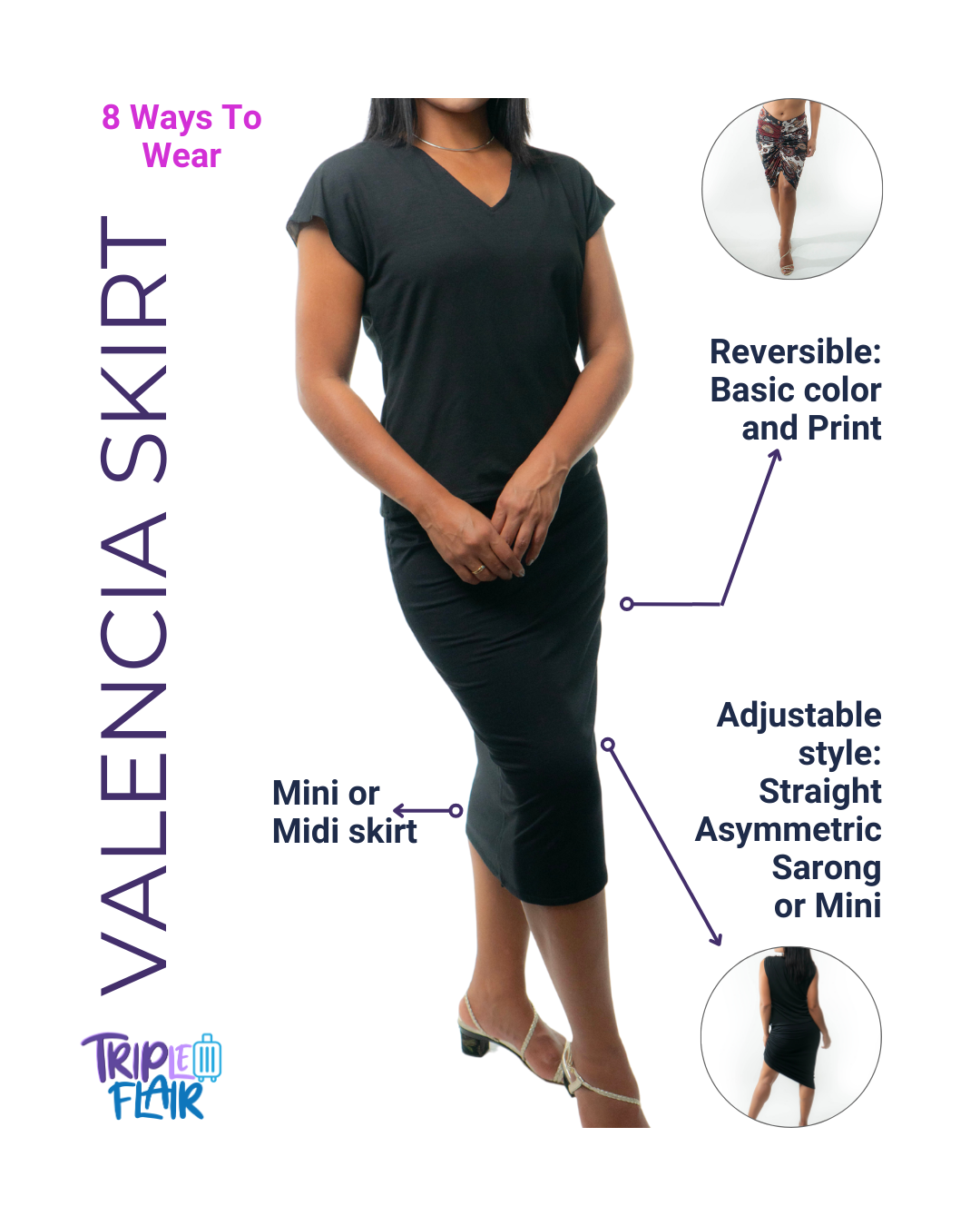 VALENCIA Skirt 8 in 1. Black/Wine Print