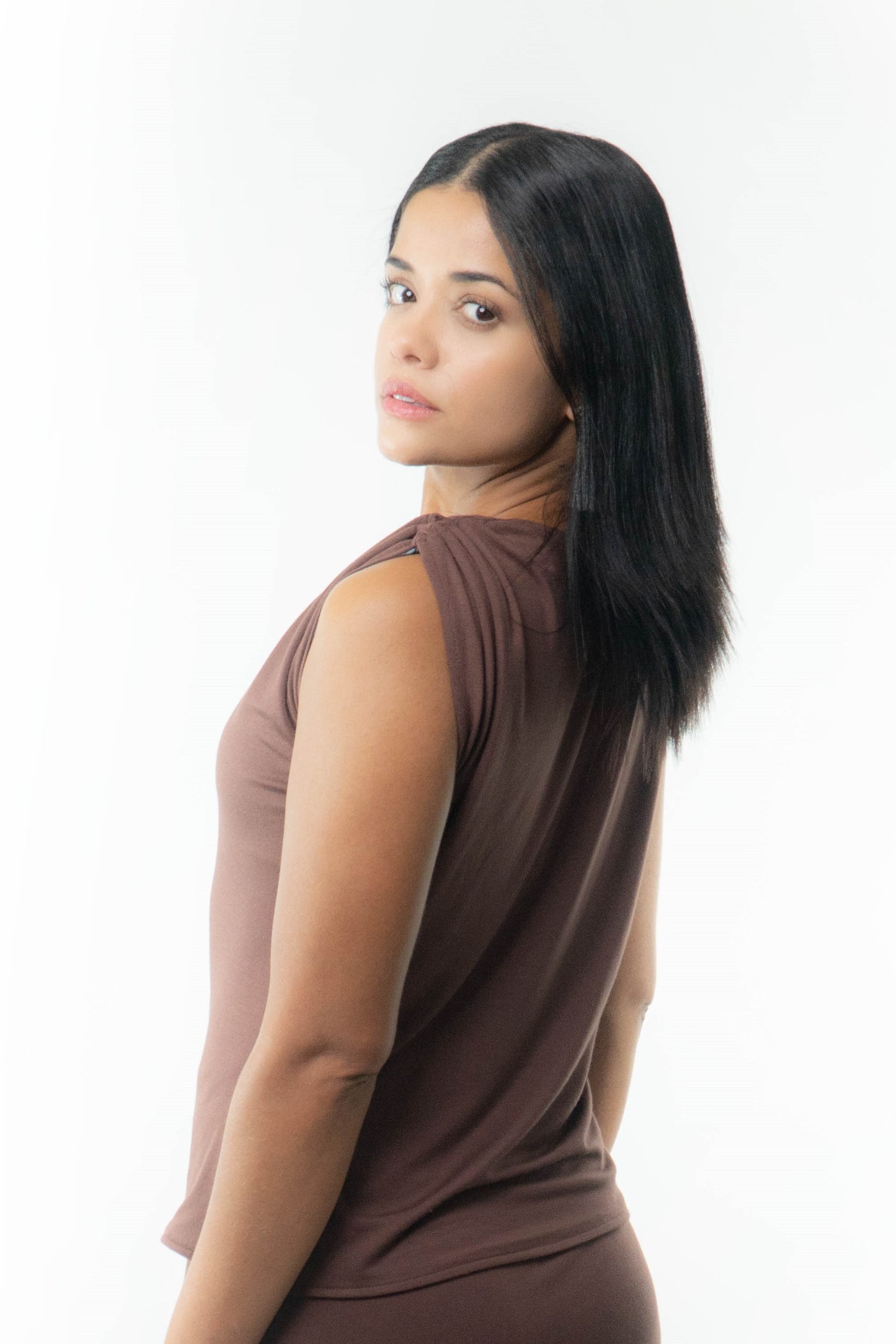 VICTORIA Top: 9 in 1. Brown/Blue print
