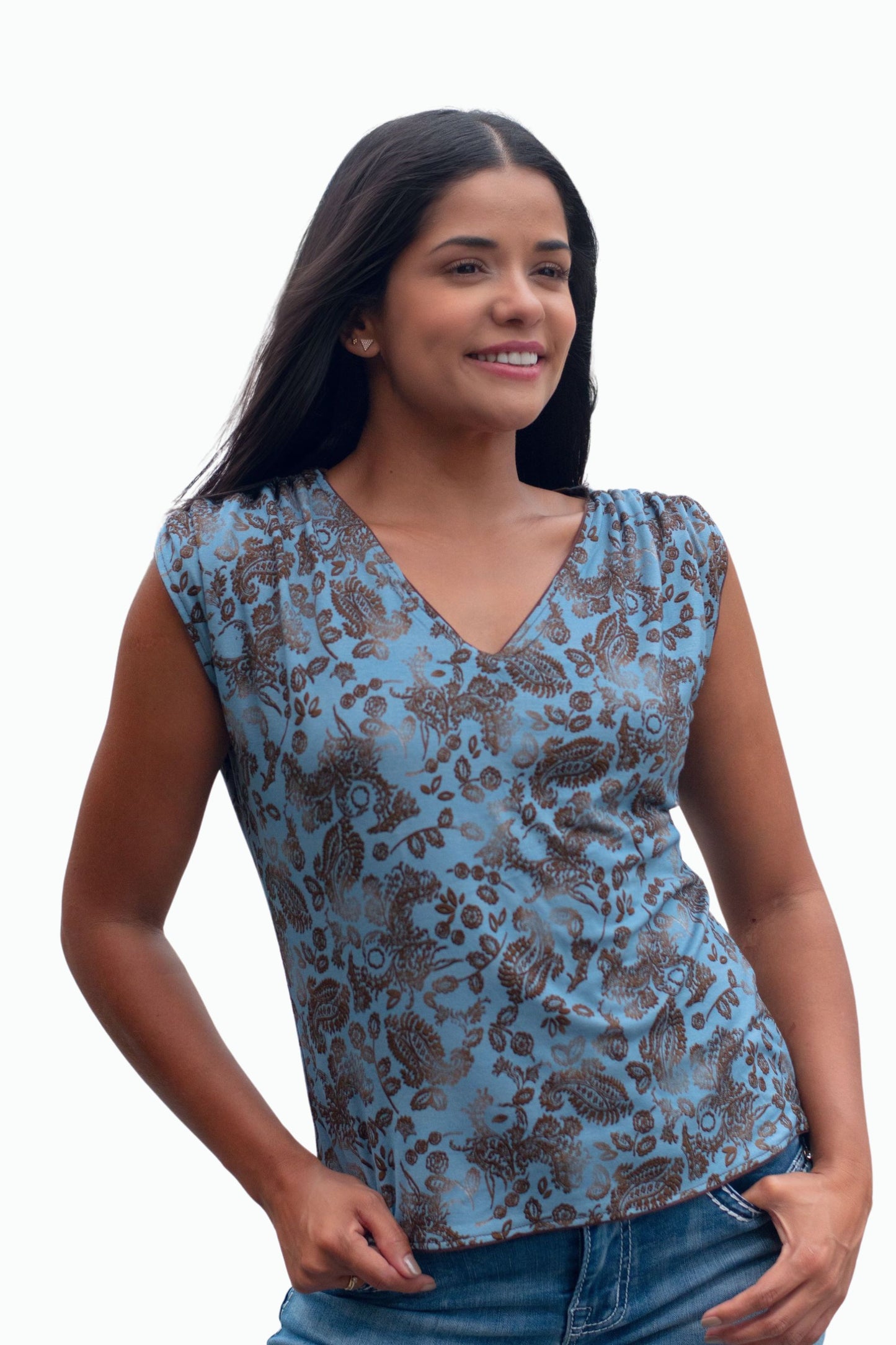 VICTORIA Top: 9 in 1. Brown/Blue print
