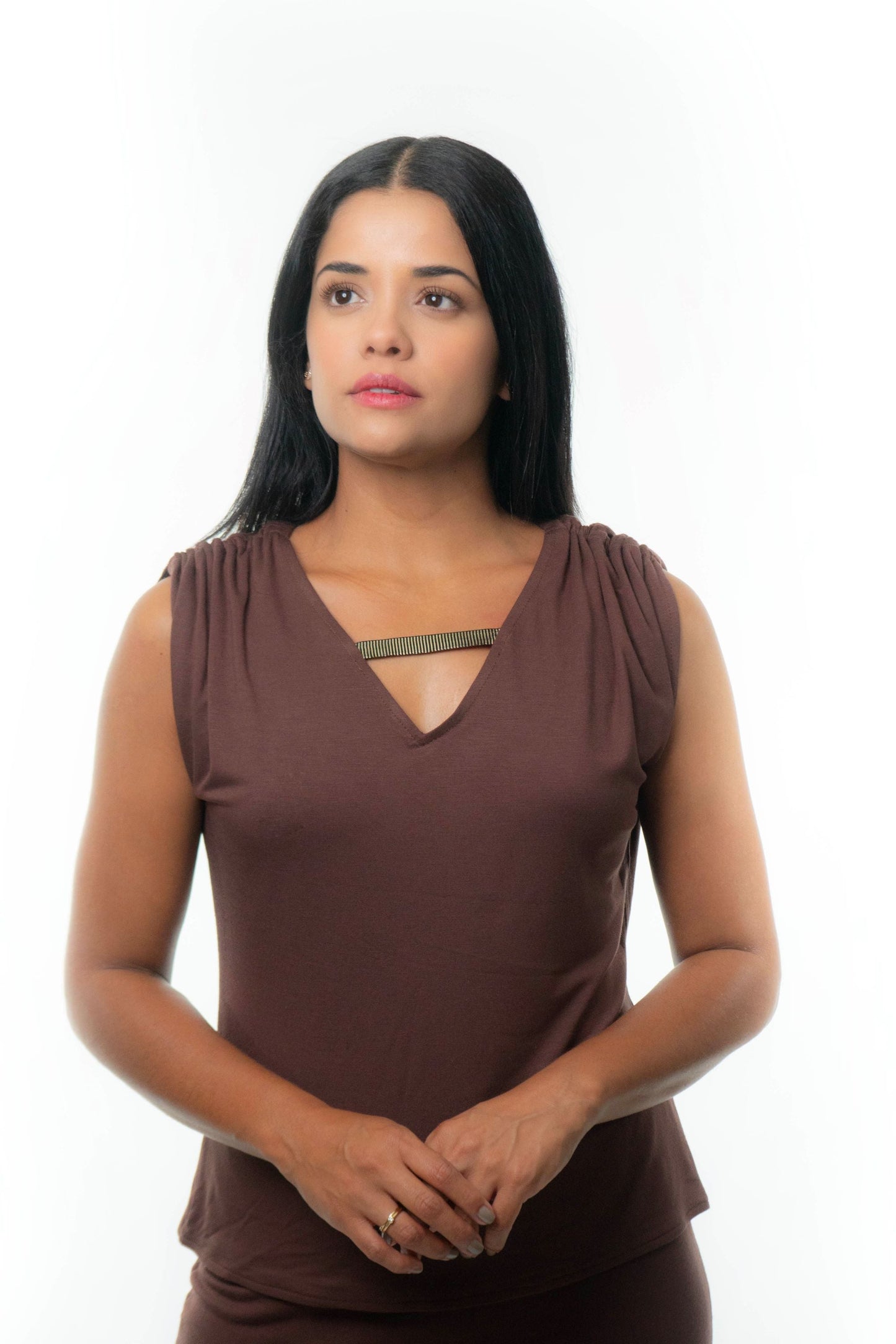 VICTORIA Top: 9 in 1. Brown/Blue print