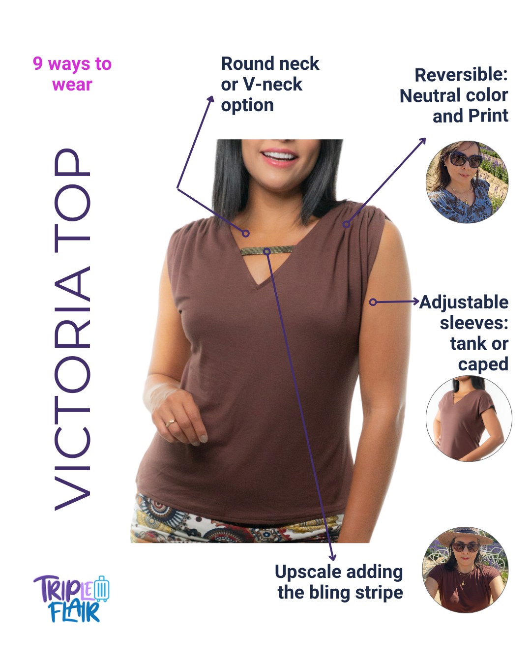 VICTORIA Top: 9  in 1. Brown/Blue print